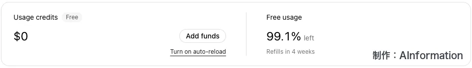 Ollamaの無料アカウントのダッシュボード。Usage credits $0、Free usage 99.1% left