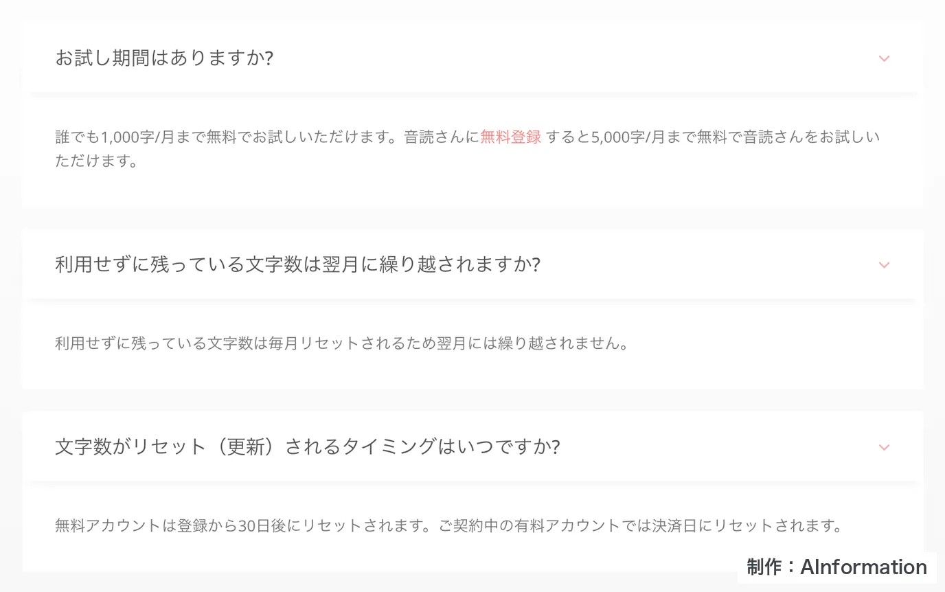 音読さんの料金ページのよくある質問。誰でも1,000字/月まで無料で、無料登録で5,000字/月まで無料とある。無料アカウントは登録から30日後にリセットとある
