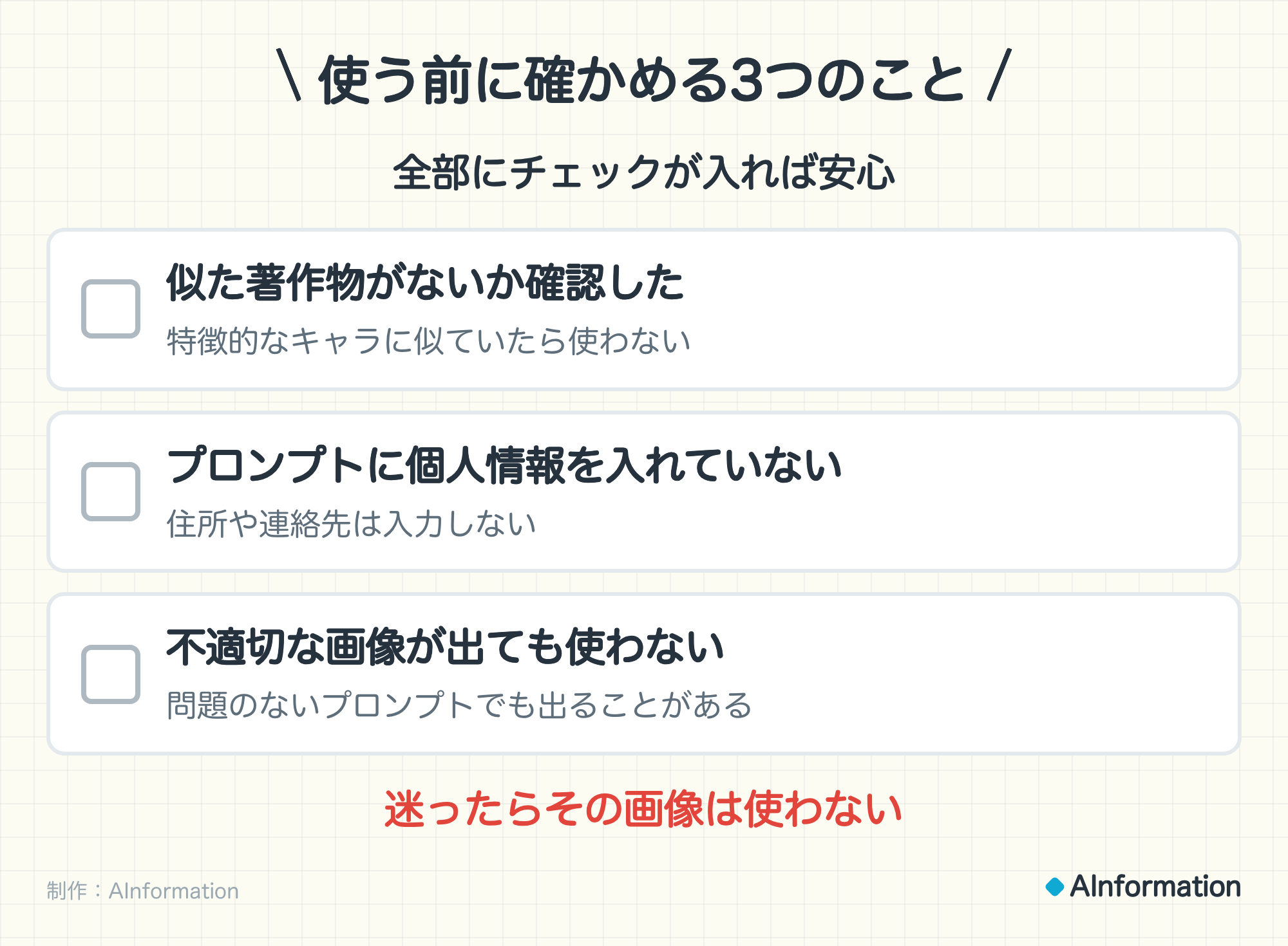 使う前に確かめる3つのこと。全部にチェックが入れば安心。似た著作物がないか確認した（特徴的なキャラに似ていたら使わない）。プロンプトに個人情報を入れていない（住所や連絡先は入力しない）。不適切な画像が出ても使わない（問題のないプロンプトでも出ることがある）。迷ったらその画像は使わない。制作：AInformation。