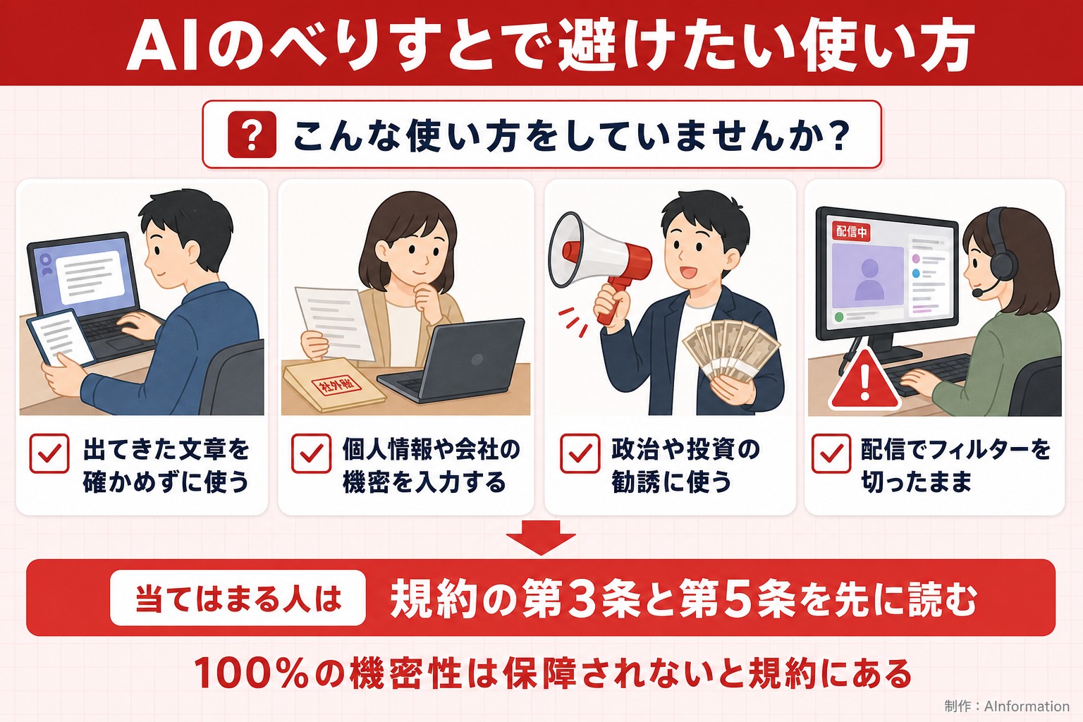 AIのべりすとで避けたい使い方。こんな使い方をしていませんか？。出てきた文章を確かめずに使う。個人情報や会社の機密を入力する。政治や投資の勧誘に使う。配信でフィルターを切ったまま。当てはまる人は。規約の第3条と第5条を先に読む。100%の機密性は保障されないと規約にある。AInformation編集部が作ったイラスト図解（「こんなことしていませんか」のチェック場面）