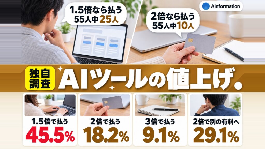 AIツールの値上げについての独自調査のアイキャッチ。料金ページを開いたノートパソコンとクレジットカードを持つ手の写真に、1.5倍で払う45.5%・2倍で払う18.2%・3倍で払う9.1%・2倍で別の有料へ29.1%の数字が並んでいる