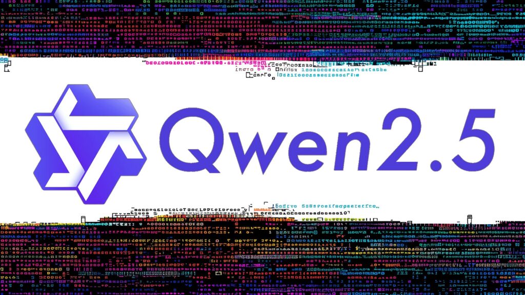 カラフルなコードの文字が画面全体に敷き詰められ、中央にQwen2.5の青いロゴマークとサービス名が表示された画像。研究者しか0円で使えないAlibaba画像AIは7Bで32Bを超えた