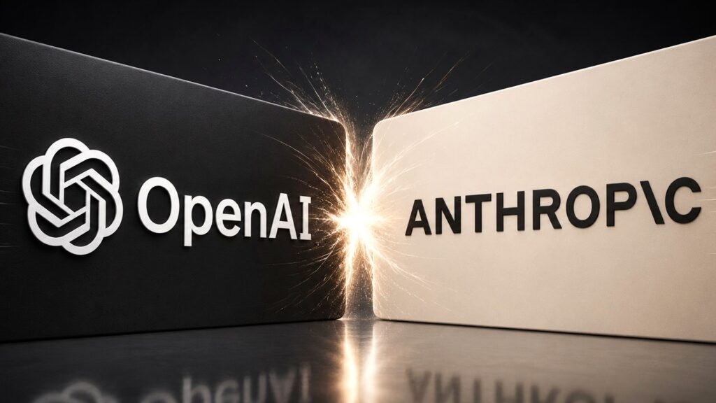 黒いパネルにOpenAIのロゴ、白いパネルにANTHROPICの文字が向き合い、接触部分から火花が散るイラスト。月200ドルのClaudeで8社に侵入して気づけたのは1社だけだった