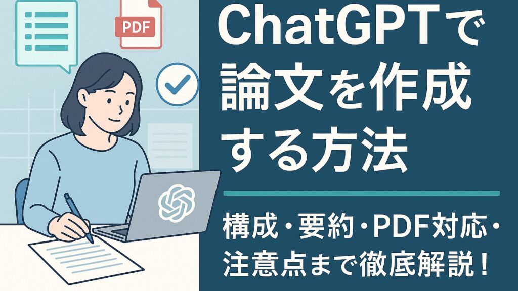 女性がノートパソコンで作業しており、パソコンにはChatGPTのロゴが表示されている。左上にリスト、PDFファイル、チェックマークのアイコンがあり、右側には「ChatGPTで論文を作成する方法」という日本語のテキストが白く表記されている。