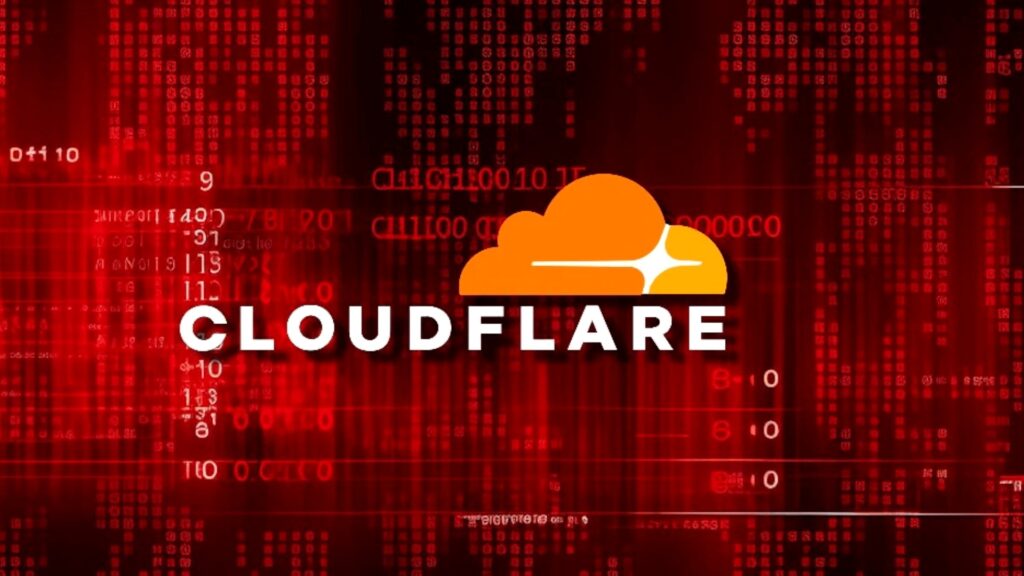 赤いデジタルコードが散らばる背景にCloudflareのオレンジ色のロゴと白い社名が写った画像。AI学習は1操作で断れるがMicrosoftの対応は2027年だ