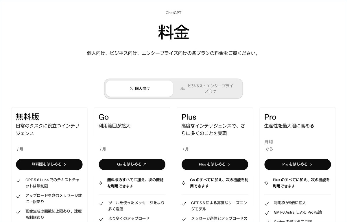 OpenAIのChatGPT料金ページ。4つのプランと価格が表示されている画面