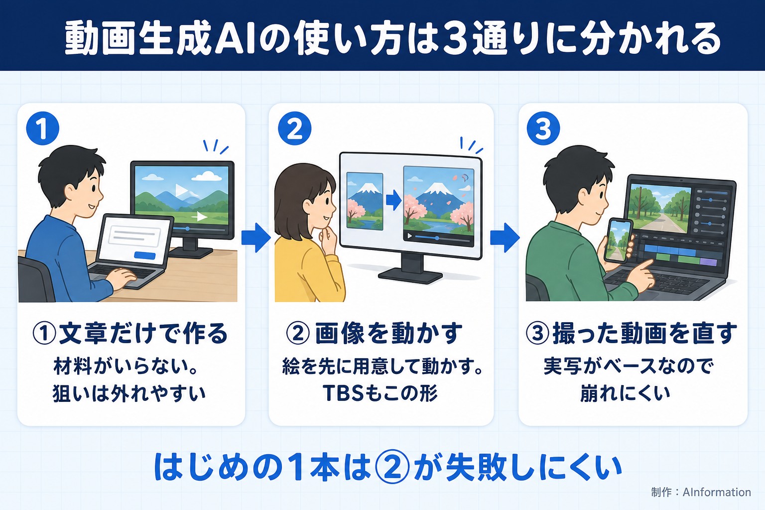 動画生成AIの使い方は3通りに分かれる。①文章だけで作る。材料がいらない。狙いは外れやすい。②画像を動かす。絵を先に用意して動かす。TBSもこの形。③撮った動画を直す。実写がベースなので崩れにくい。はじめの1本は②が失敗しにくい。AInformation編集部が作ったイラスト図解（横並びの手順コマ）