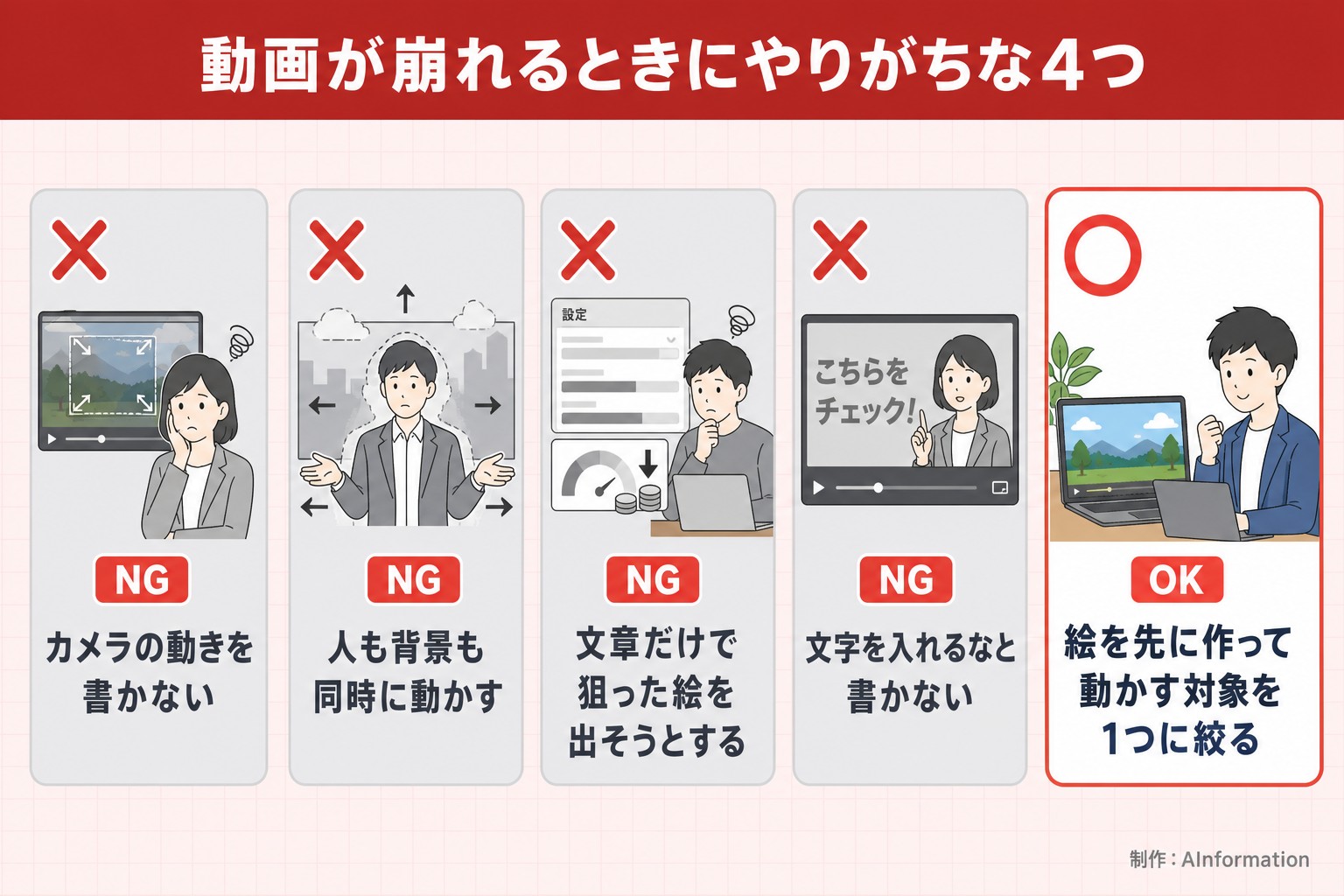 動画が崩れるときにやりがちな4つ。カメラの動きを書かない。人も背景も同時に動かす。文章だけで狙った絵を出そうとする。文字を入れるなと書かない。絵を先に作って動かす対象を1つに絞る。AInformation編集部が作ったイラスト図解（やってはいけない×の並び）