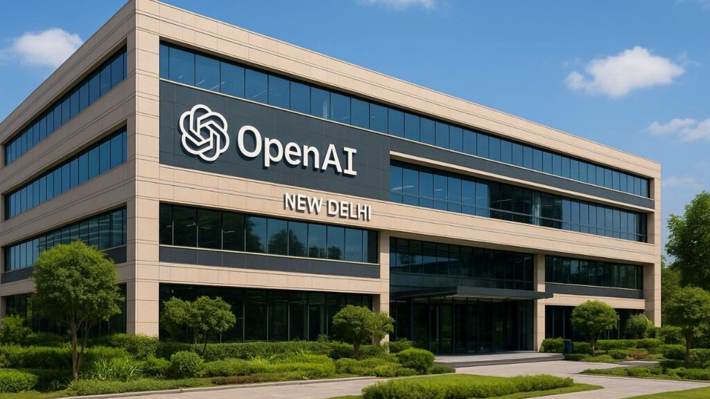 外壁にOpenAIのロゴとNEW DELHIの文字が入ったガラス張りのオフィスビルの写真。ウーバーCEOはAIに触れず3300人を解雇したが社員6人が口を開いた