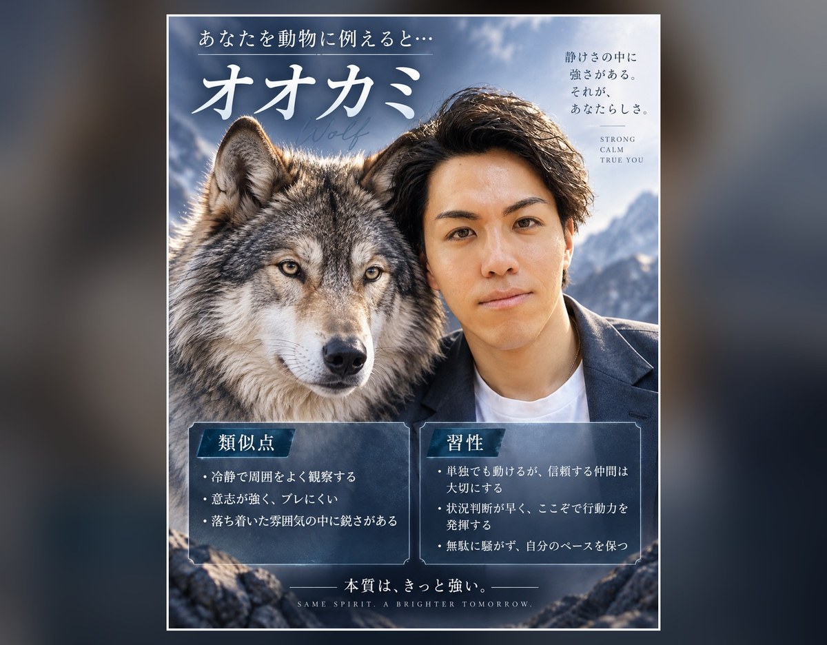 ChatGPTの動物診断で出たポスター風の画像。あなたを動物に例えるとオオカミと書かれ、オオカミと男性の顔が並び、下に類似点と習性の説明がある
