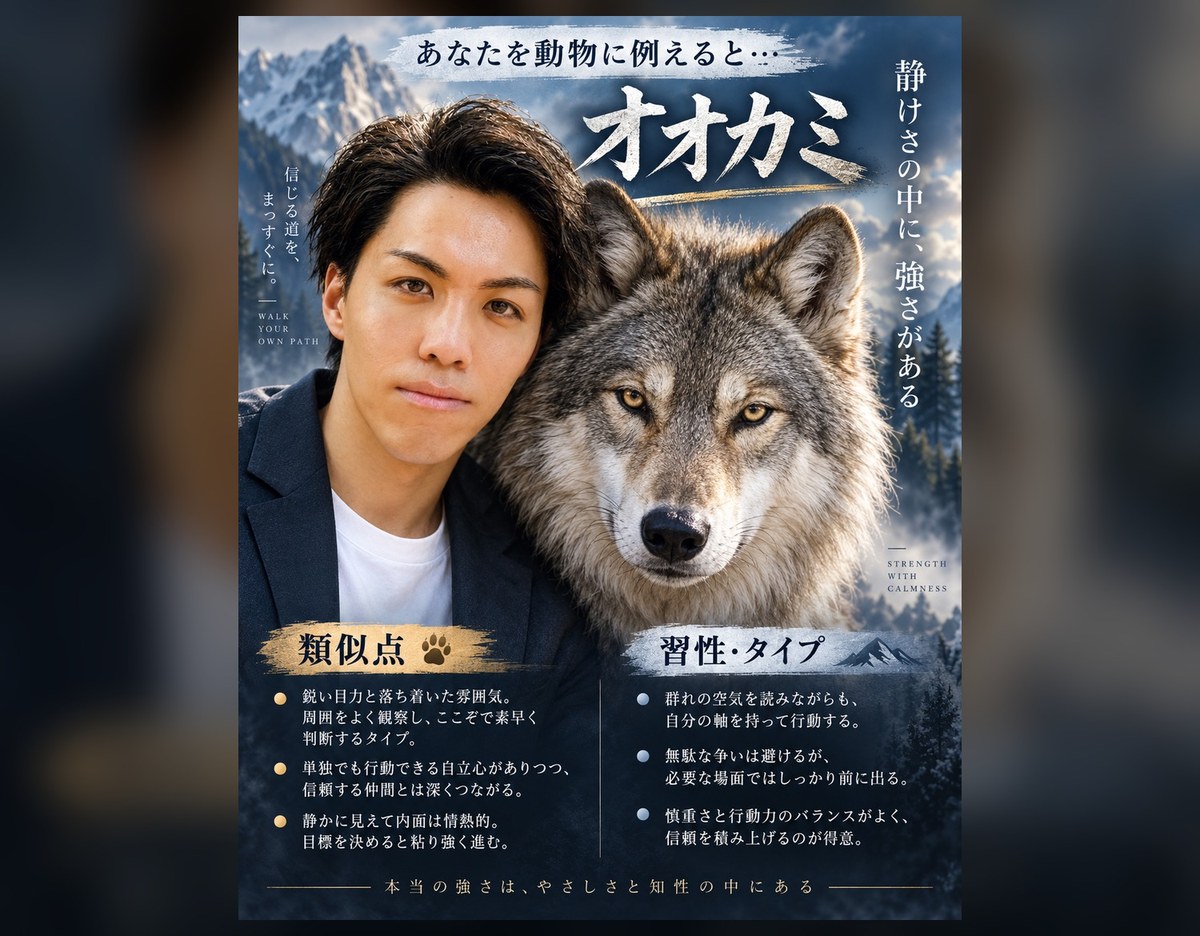 ChatGPTの動物診断で出たポスター風の画像。雪山を背景にオオカミと男性の顔が並び、下に類似点と習性の箱がある
