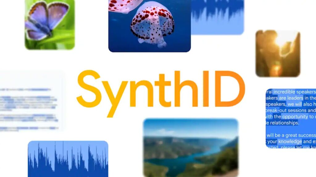 SynthIDのロゴを中心に、蝶・クラゲ・風景などの画像や音声波形が並んだ紹介画面。ChatGPTの透かしは消えないはずが2方式とも1回で消えた
