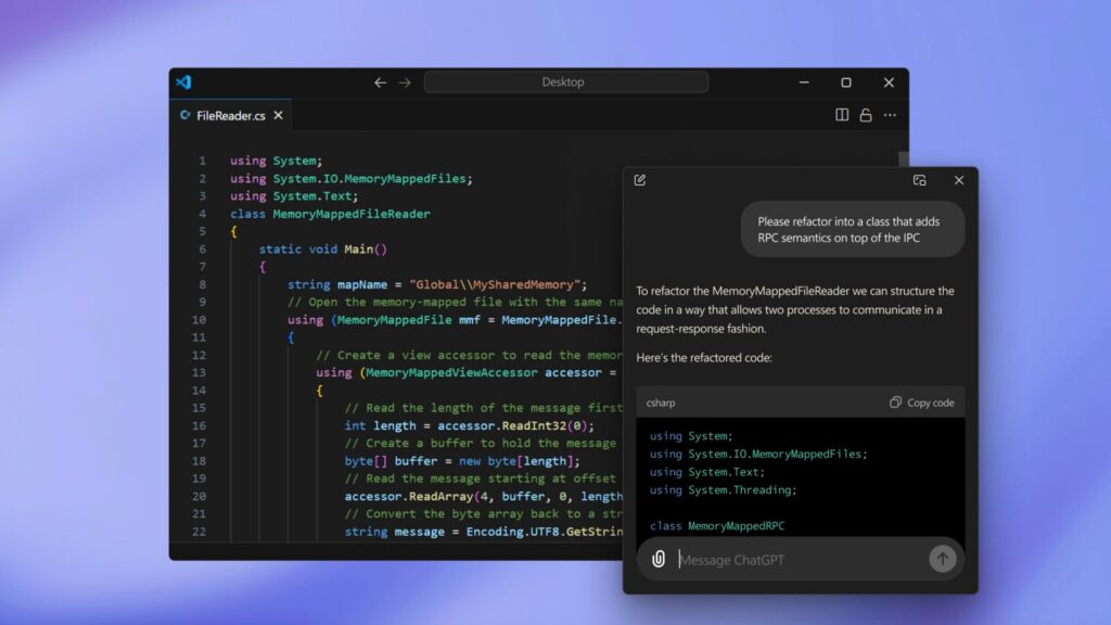 Visual Studio CodeでC#のコードを開いた画面に、ChatGPTのチャット画面が重なって表示されている画面。ChatGPTに口座6種を渡してFIRE年齢を聞いたが売買はできない