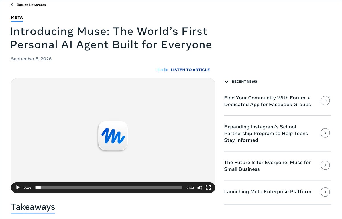 Metaのニュースルームの画面。Introducing Museの見出しと2026年9月8日の日付、Museのアイコンが写った動画が並ぶ