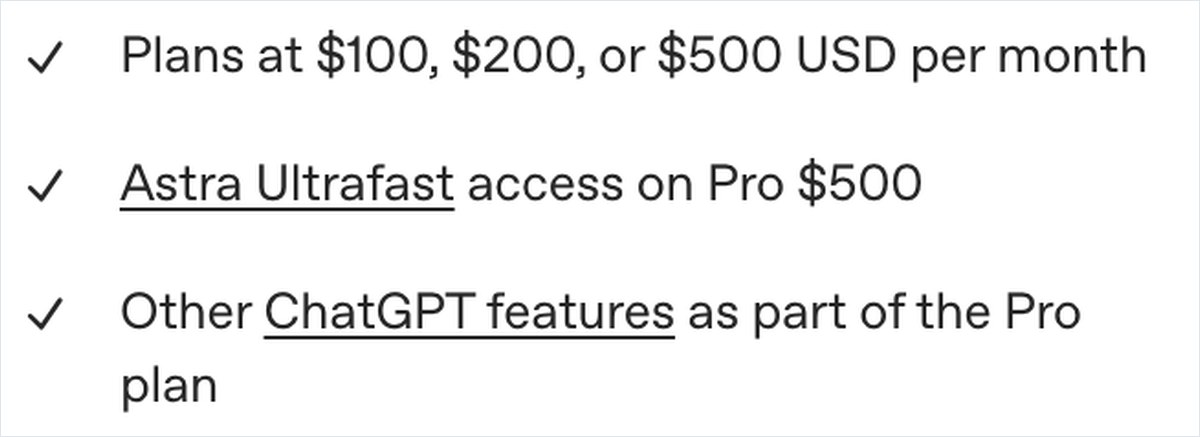 OpenAIのCodexの料金ページの画面。Proの欄にPlans at $100, $200, or $500 USD per monthとあり、500ドルの段にAstra Ultrafastが付くと書かれている
