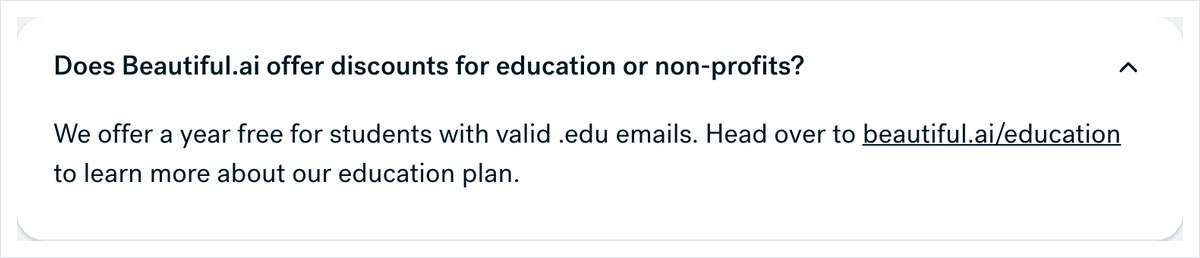 Beautiful.aiの料金ページのFAQ。有効な.eduのメールを持つ学生に1年無料を出していると英語で書かれている