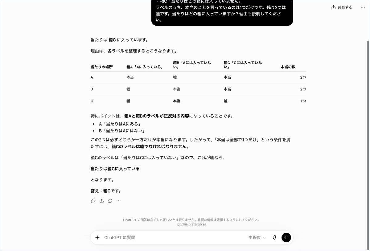 ChatGPTに3つの箱のラベルの真偽から当たりを特定する論理パズルを質問し、表と箇条書きで回答が表示された画面