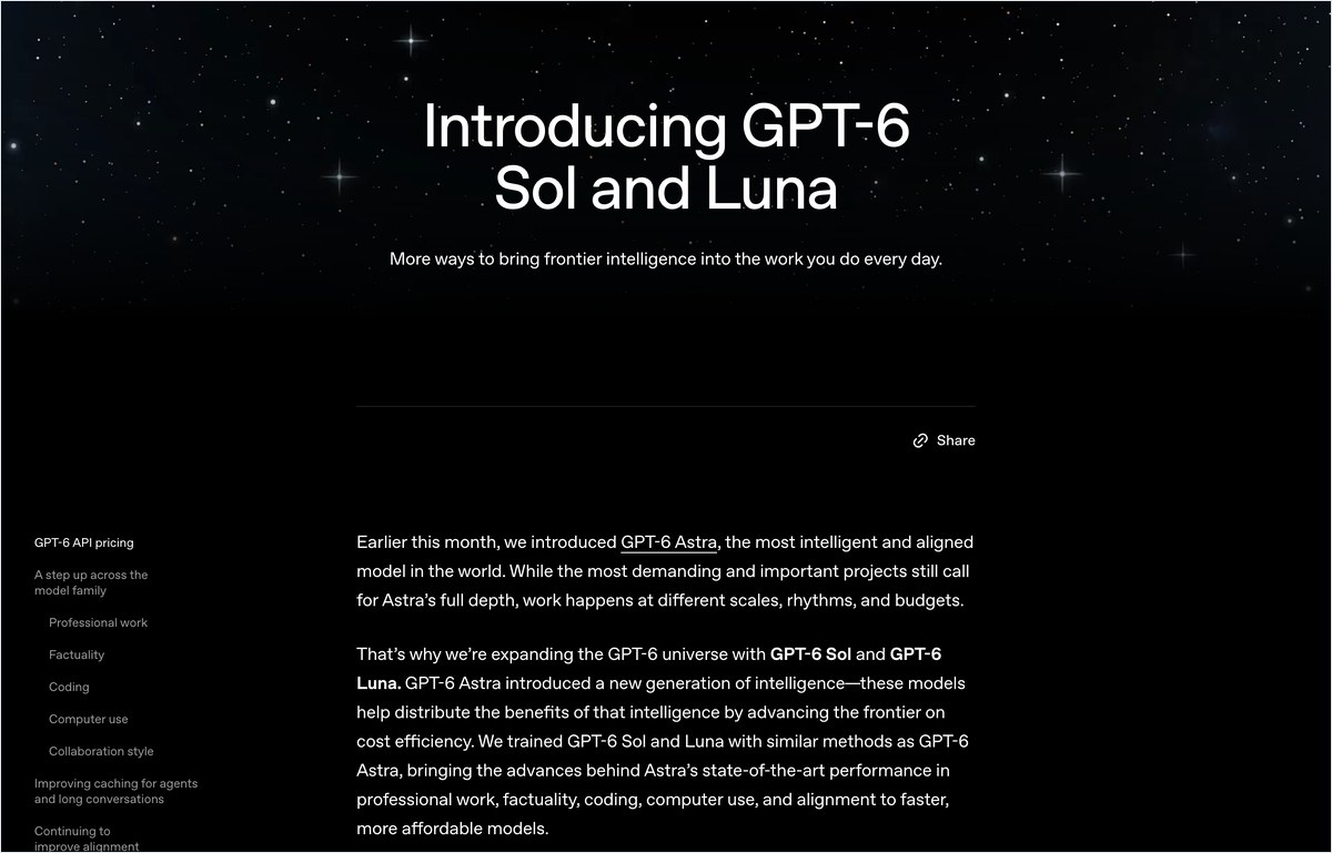 OpenAI公式のGPT-6 Sol/Luna発表ページ。SolはGPT-5.6の半額のAPI料金で恒久価格と記載されている