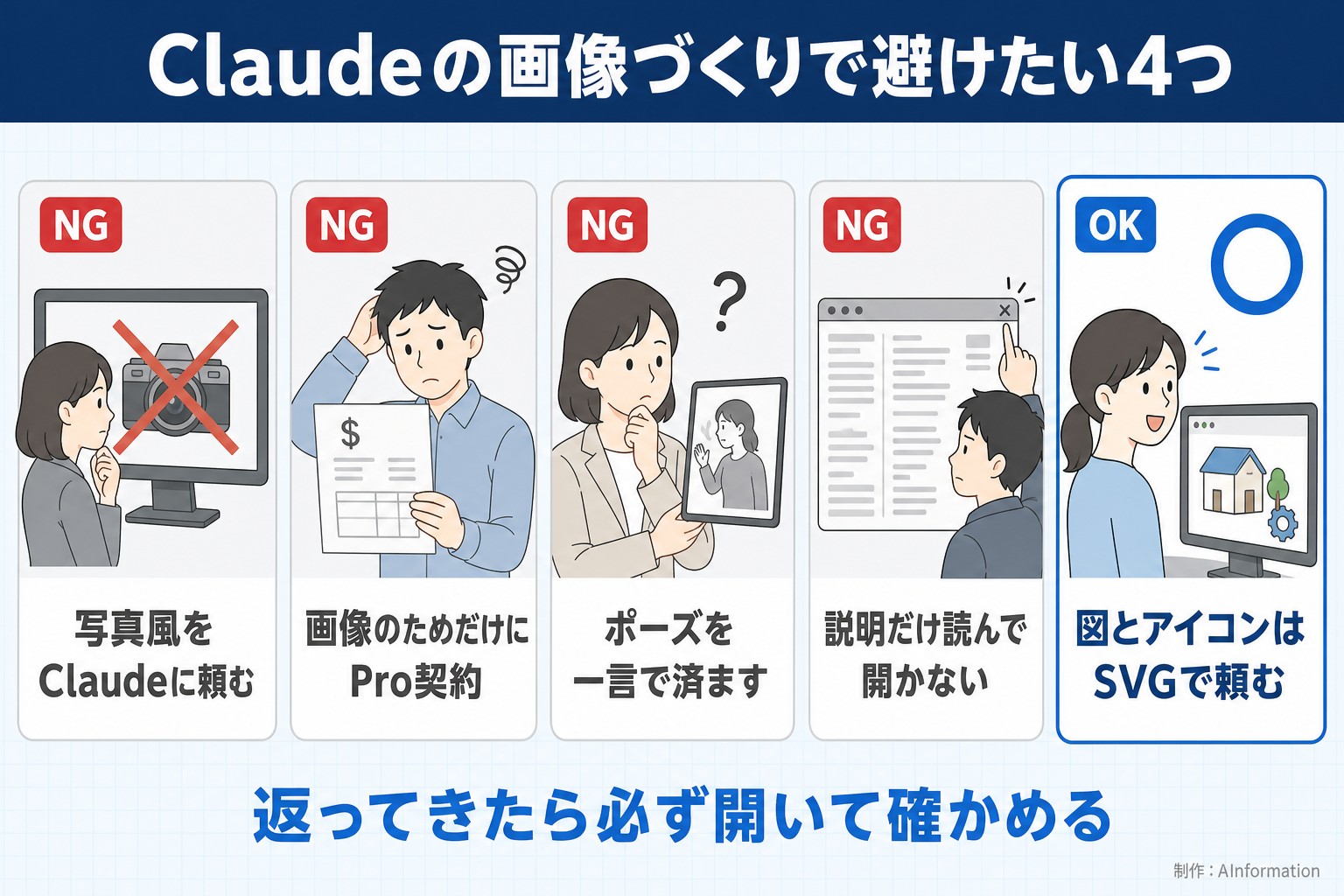 Claudeの画像づくりで避けたい4つ。写真風をClaudeに頼む。画像のためだけにPro契約。ポーズを一言で済ます。説明だけ読んで開かない。図とアイコンはSVGで頼む。返ってきたら必ず開いて確かめる。AInformation編集部が作ったイラスト図解（やってはいけない×の並び）