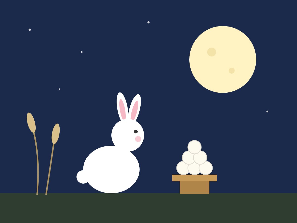 Claudeが返したSVGのコードを書き換えずにブラウザで表示した画面。紺色の夜空に満月と星、白いうさぎ、三方に積んだお団子6個、すすき2本が描かれている