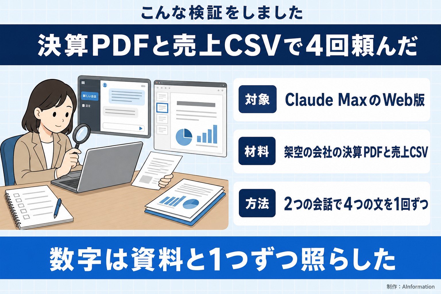 こんな検証をしました。決算PDFと売上CSVで4回頼んだ。対象。Claude MaxのWeb版。材料。架空の会社の決算PDFと売上CSV。方法。2つの会話で4つの文を1回ずつ。数字は資料と1つずつ照らした。AInformation編集部が作ったイラスト図解（「こんな検証をしました」の場面）