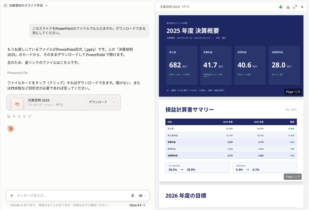 Claudeに決算資料のPowerPointファイル作成を依頼し、生成されたスライドのプレビューが表示された画面