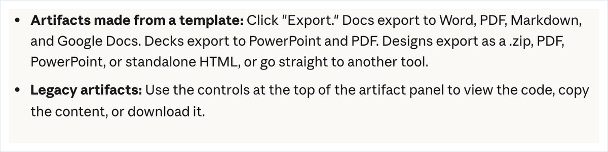 Claudeのヘルプページ。テンプレートから作ったアーティファクトはExportを押し、スライドはPowerPointとPDFに書き出せると英語で書かれている
