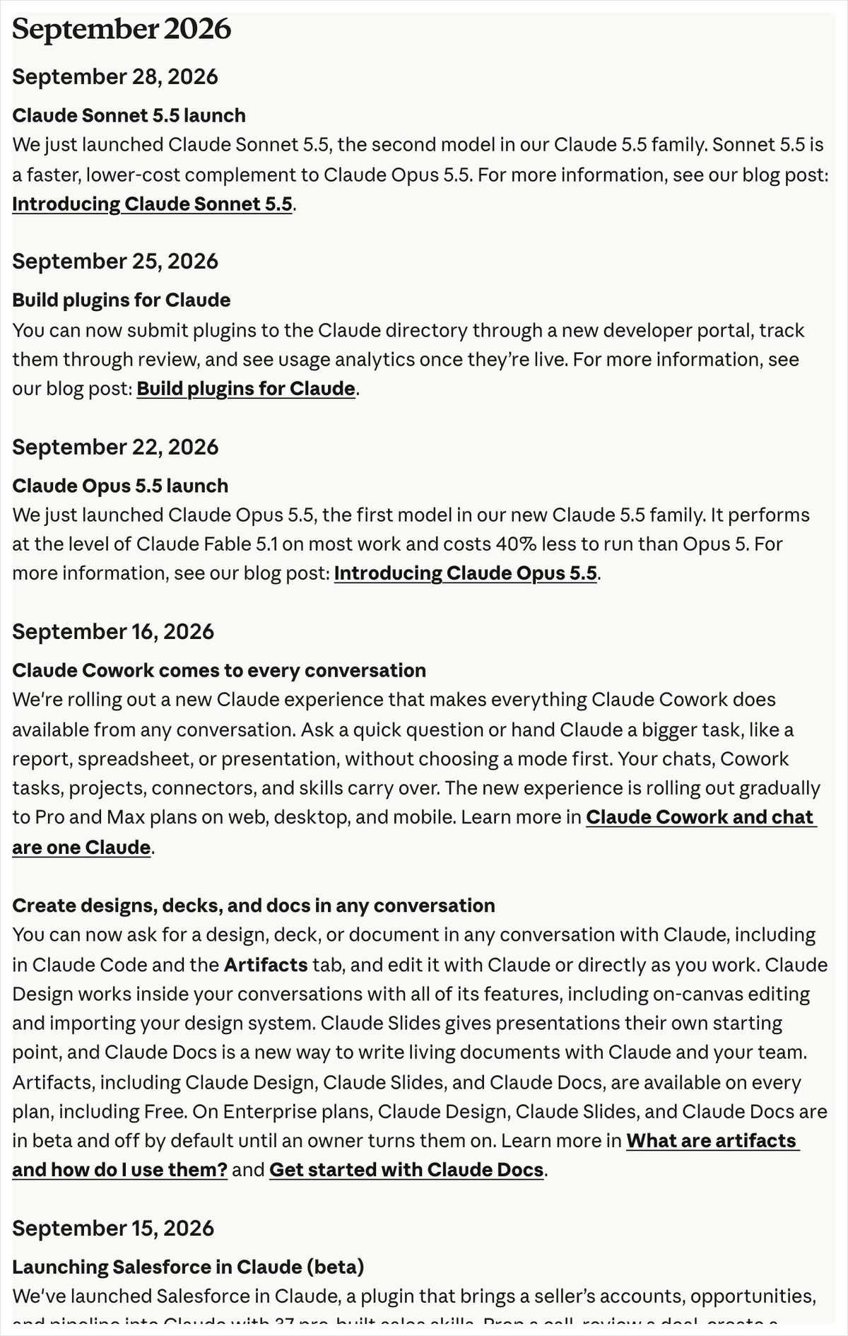Claudeのリリースノート。2026年9月16日の項に、どの会話でもCoworkの作業を頼めることと、デザイン・スライド・文書を作れることが英語で書かれている