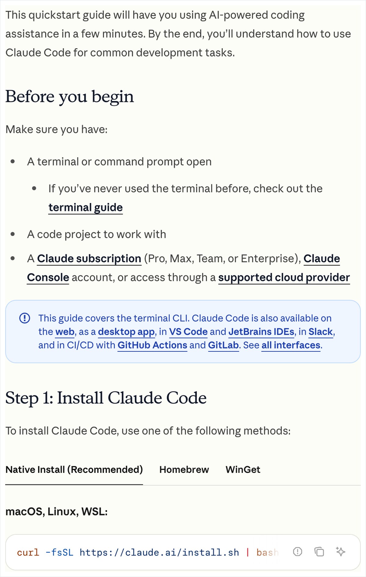 Claude Code公式のクイックスタートページ。Install Claude Codeの見出しとインストールコマンドが並んでいる画面