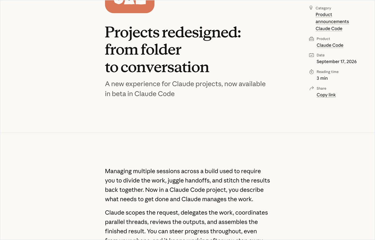 Anthropicの公式ブログの記事。Projectsを刷新した発表の見出しが写っている