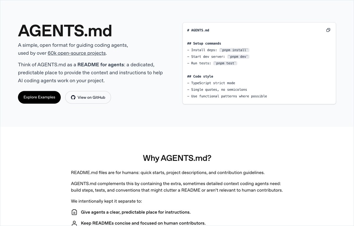 AGENTS.mdの公式サイトのトップページ。AIのコーディングツール向けの共通の指示書の説明が載っている