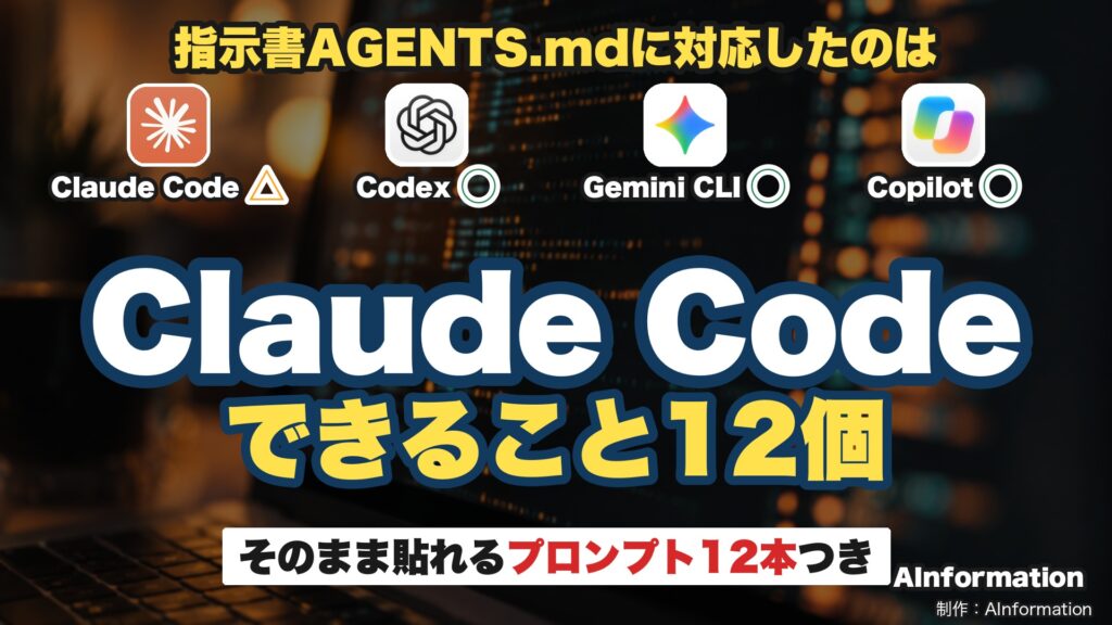 Claude Code・Codex・Gemini CLI・Copilotの公式アイコンを横に並べたアイキャッチ。見出しは「指示書AGENTS.mdに対応したのは」で、Claude Codeは△・Codexは○・Gemini CLIは○・Copilotは○。中央にClaude Codeできること12個の文字