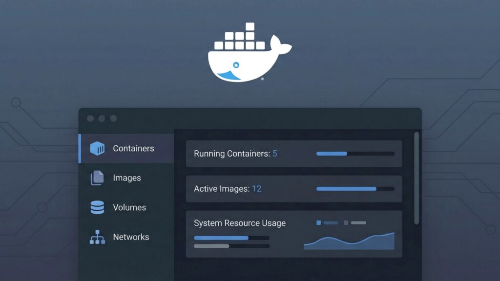 Dockerのロゴと、コンテナ数やイメージ数、システムリソース使用状況を表示するダッシュボードの画面。Claude CodeをDockerに預けた人は既定の1時間で箱を失う