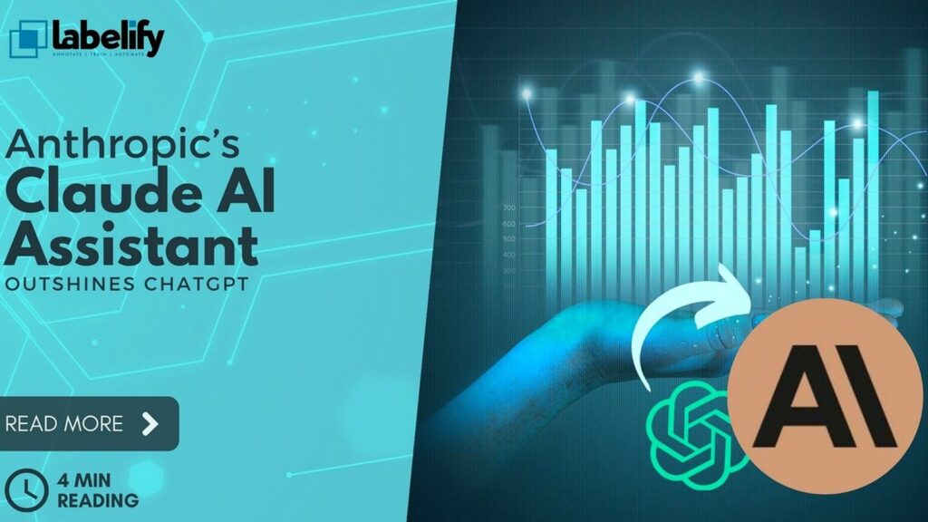 Labelifyロゴと「Anthropic's Claude AI Assistant」のテキストが左側にあり、右側には青い棒グラフと上昇曲線、白い矢印、