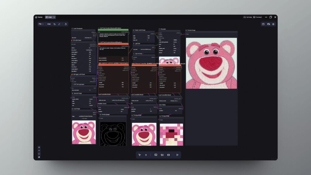 複数のノードと生成されたピンク色のクマのキャラクター画像が表示されたComfyUIの画面。Comfy Routerで混雑時に切り替えられるのは212本中10本だ
