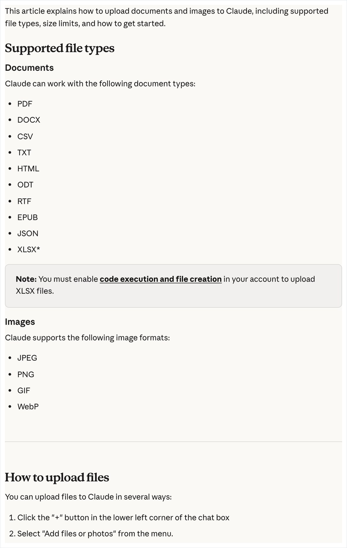 Claudeのヘルプページ。対応するファイルとしてPDFやDOCXなどの文書と、JPEGやPNGなどの画像が英語で並んでいる