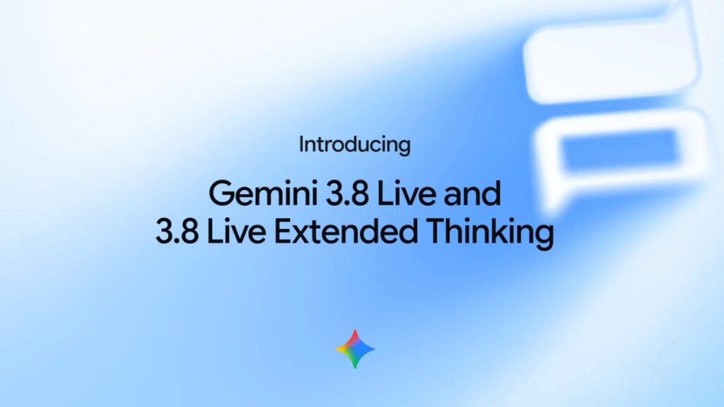 青いグラデーション背景にGeminiのロゴとGemini 3.8 Liveの発表テキスト、右上に吹き出しアイコンが写った告知画像。Geminiアバターは毎秒6192トークン食って数分しか持たない