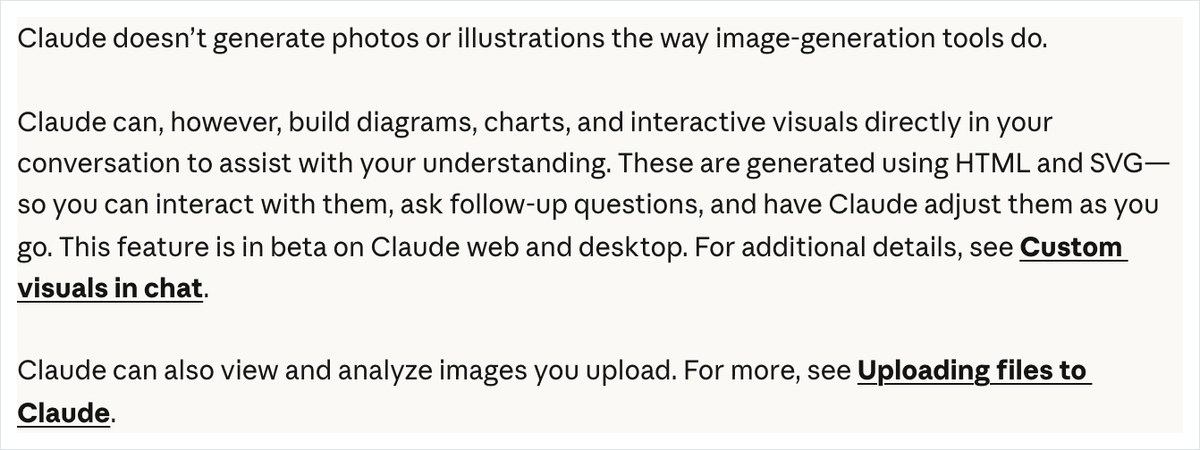 Claudeのヘルプページ。画像生成ツールのようには写真やイラストを作らず、図やグラフはHTMLとSVGで作ると英語で書かれている