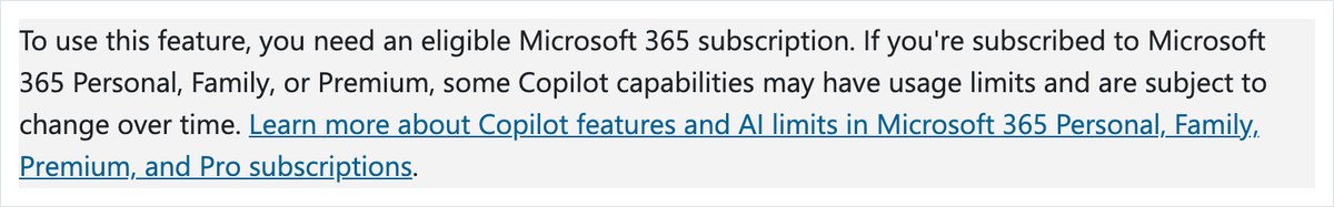 Microsoftのサポートページ。Copilotの作成機能には対象のMicrosoft 365の契約が要り、PersonalやFamilyでは使える量に上限があると英語で書かれている