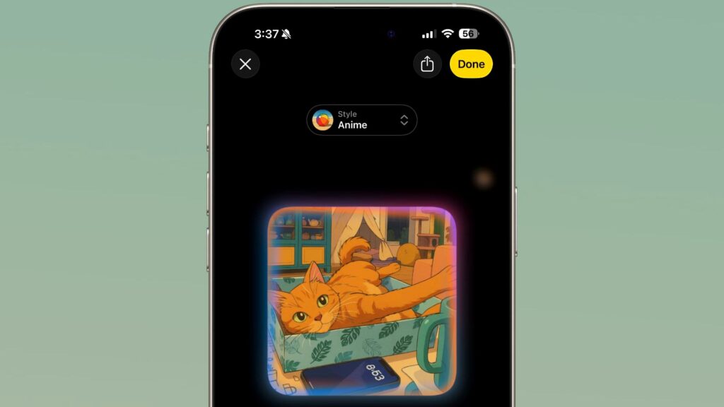 iOSのImage PlaygroundでAnimeスタイルを選び生成した、室内で葉柄ボックスに入るオレンジ猫のイラスト画面。iOS27の画像AIは0円で2048px出るが英語の文字すら崩れた