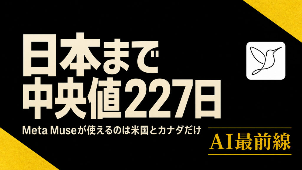 黒い背景に「日本まで中央値227日」という大きな白い文字を置き、その下にMeta Museが使えるのは米国とカナダだけと書き、右上にMuseのハチドリのアイコンを置いた画像