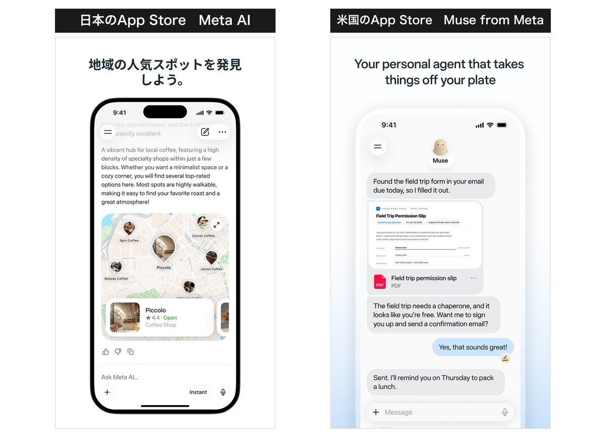 左は日本のApp StoreのMeta AIの1枚目で地域の人気スポットを発見しようと書かれた地図の画面、右は米国のMuseの1枚目でメールから見つけた申込書に記入して送信したと書かれたやり取りの画面