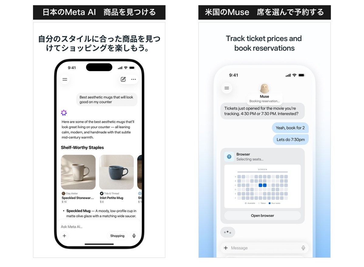 左は日本のMeta AIがマグカップの候補を16ドルと8ドルの値段つきで並べた画面、右は米国のMuseが映画の座席表を開いて席を2つ選び予約を進めている画面
