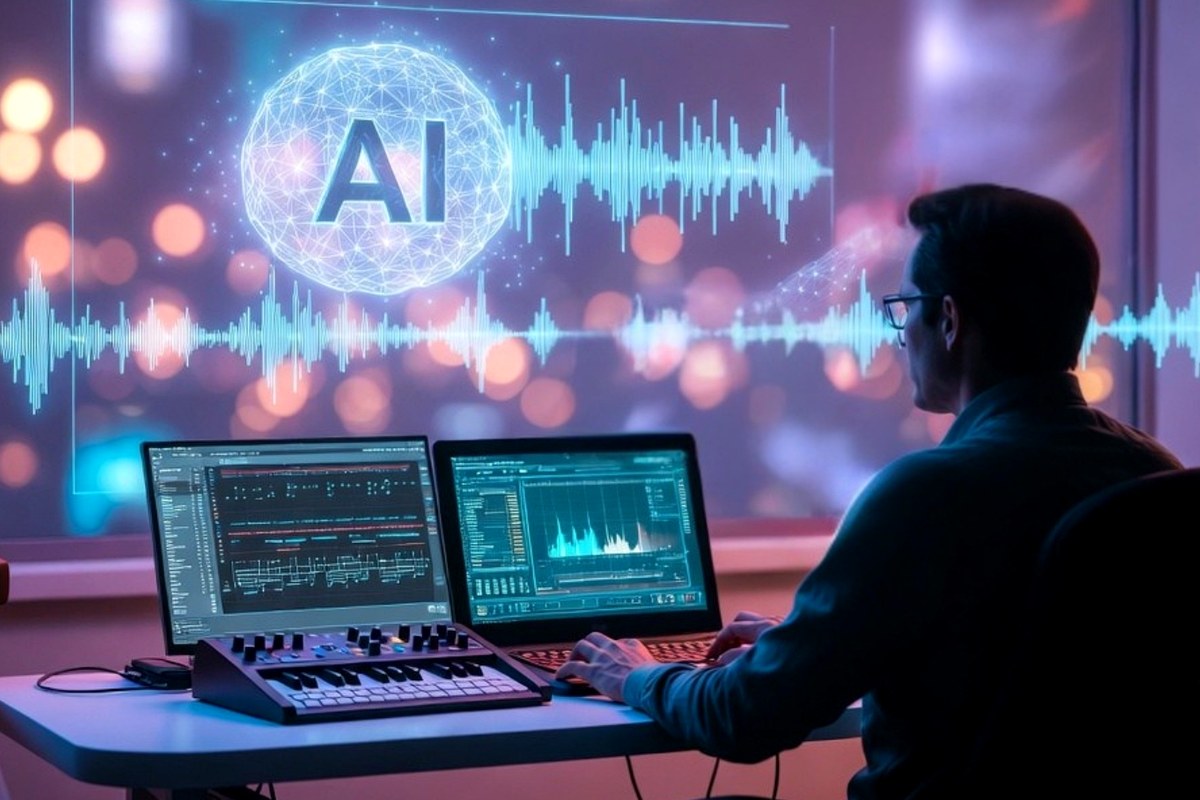ノートPCとヘッドフォンを使ってAIで音楽を制作しているイメージ写真