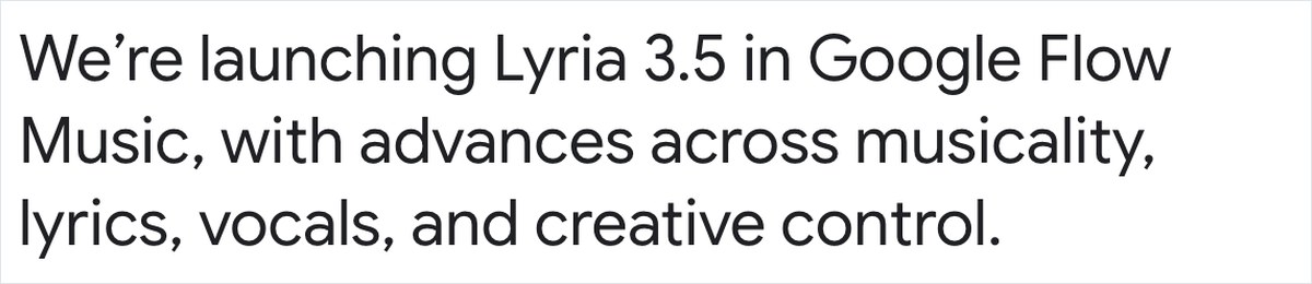 Google DeepMindの公式ブログ。Lyria 3.5をGoogle Flow Musicに搭載しmusicality・lyrics・vocals・creative controlの4面で向上したと発表