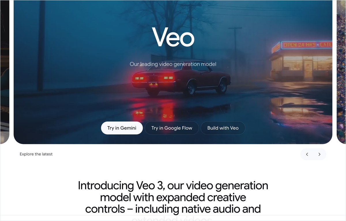 Google DeepMindのVeo公式ページ。Veo generates high quality videosと表示されている画面