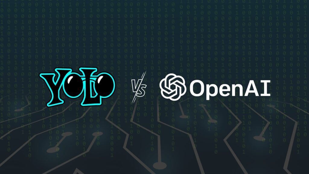 濃い青緑の背景に0と1の数字と回路の線が並び、YOLOのロゴとOpenAIのロゴがVSを挟んで並ぶ画像。YOLO7種が28回とも人と判定した迷彩シャツでAIから消えられるか?