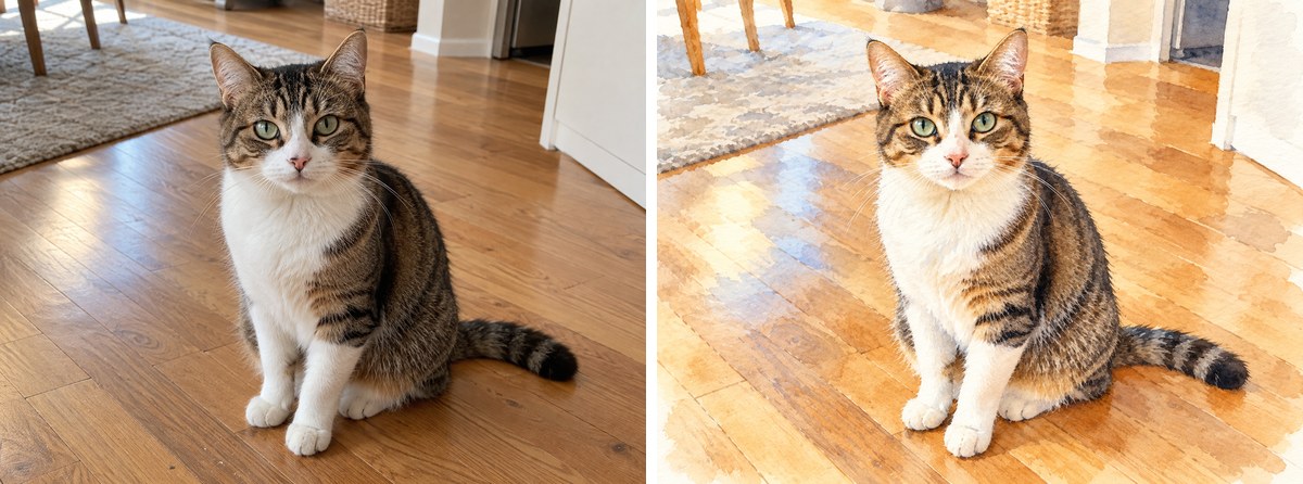 猫の写真をChatGPTで水彩画風のイラストにした加工前と加工後