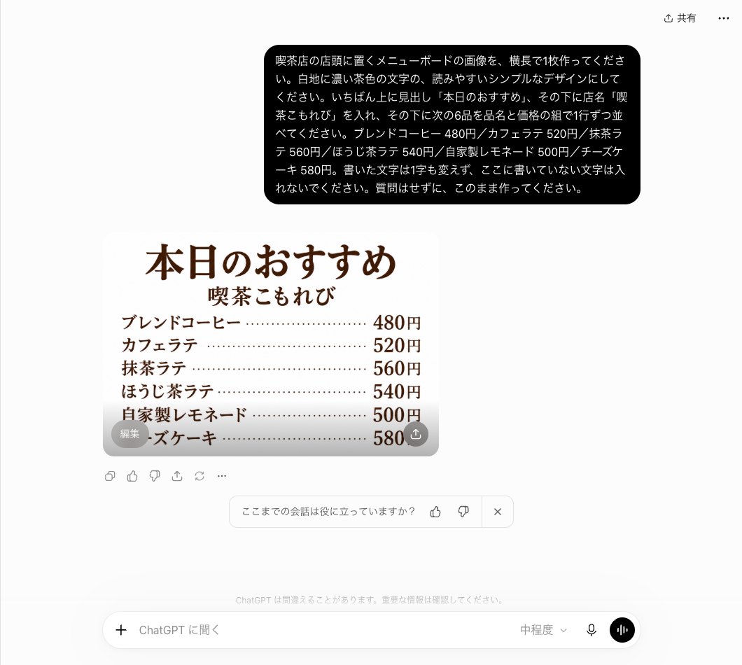 ChatGPTに喫茶店のメニューボードを6品で頼んだ画面。本日のおすすめと喫茶こもれびの下に6品が点線つきで並び、最後のチーズケーキの先頭と円の字が編集と矢印のボタンに重なっている