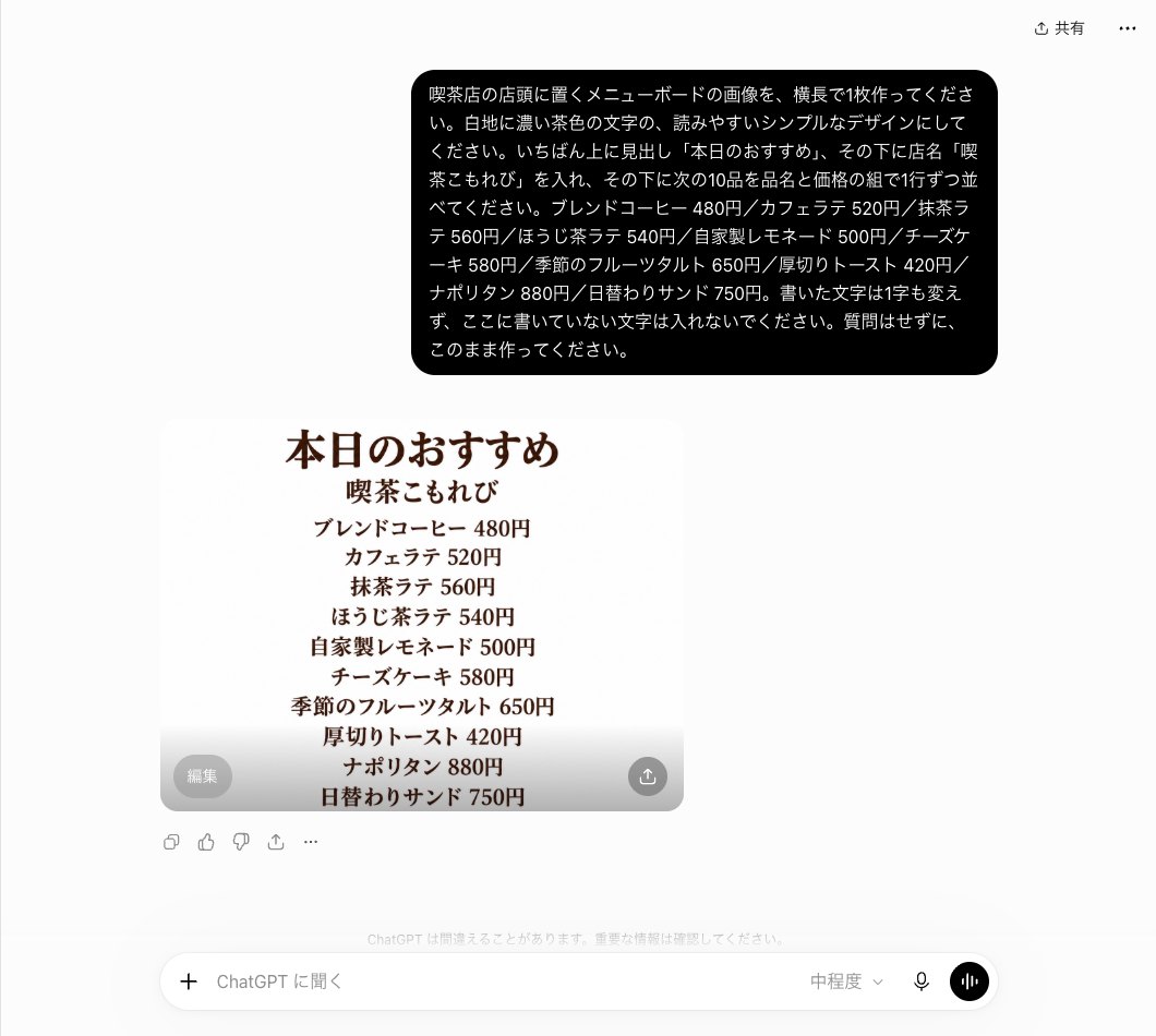 ChatGPTに同じ10品のメニューボードの文を新しい会話でもう一度送った画面。本日のおすすめと喫茶こもれびの下に10品の品名と価格が中央ぞろえで並び、入力欄の右に中程度と出ている